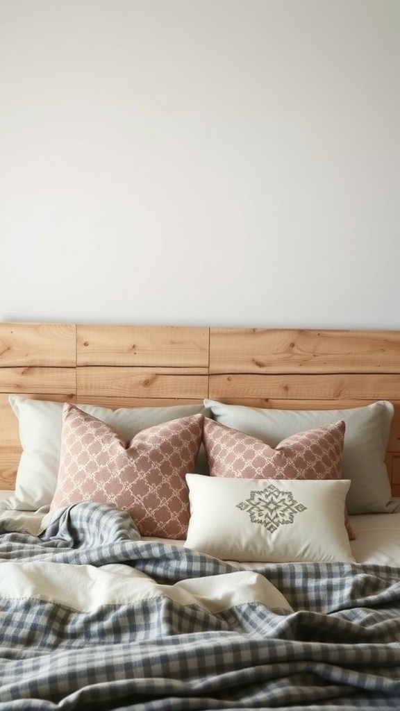 A cozy bedroom featuring a painted wooden pallet headboard with decorative pillows and a soft blanket.