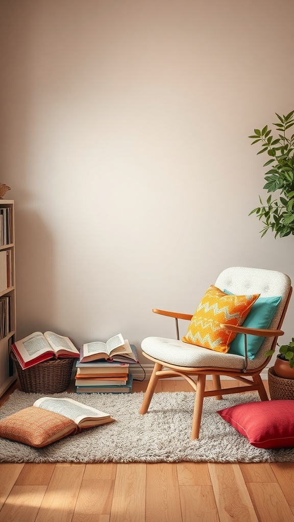 Cozy reading corner with a chair, cushions, and books on a rug.