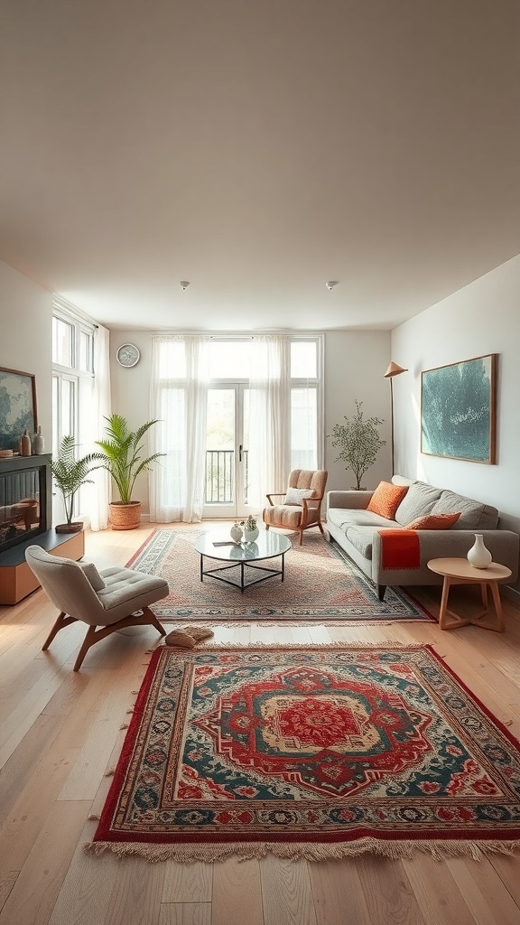 A cozy living room with a colorful rug, plants, and comfortable seating.