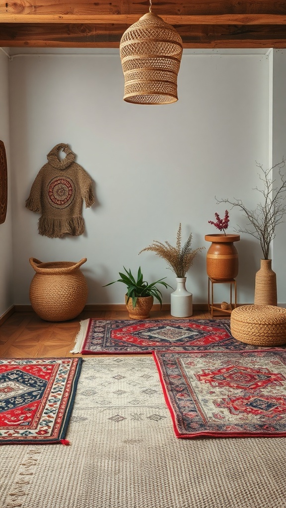 A cozy room featuring layered rugs with various textures and colors.