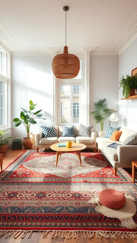 A cozy living room featuring a colorful rug, plants, and comfortable seating.