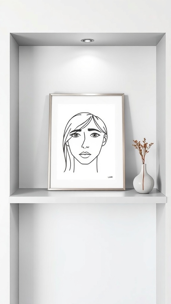 A minimalist line drawing of a face framed and displayed on a shelf.