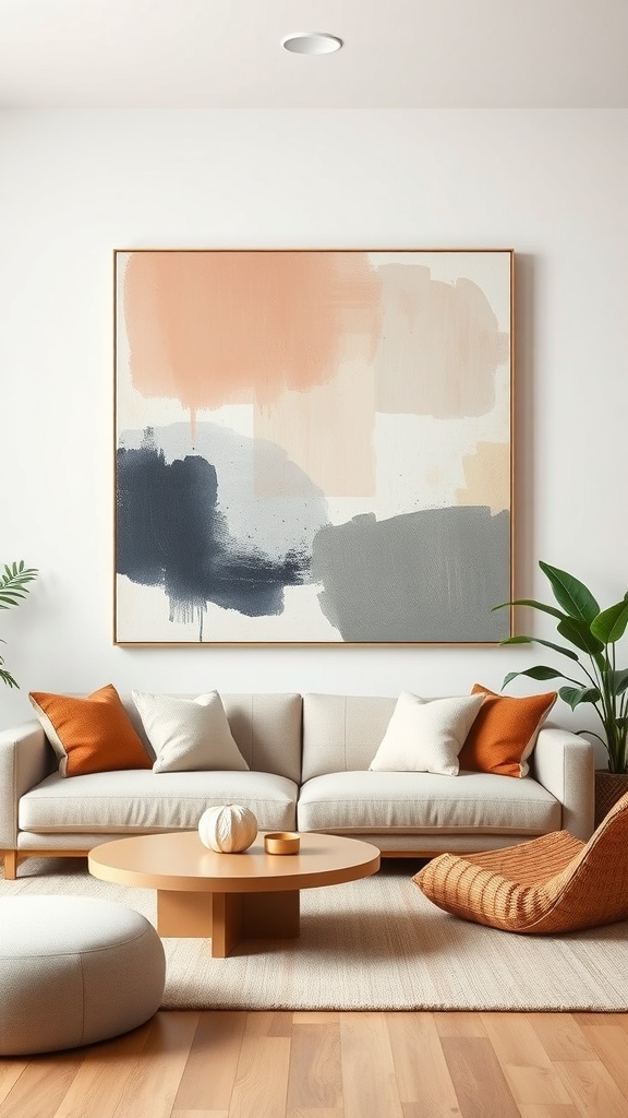A minimalist living room featuring abstract color block wall art above a light-colored sofa with orange accents.
