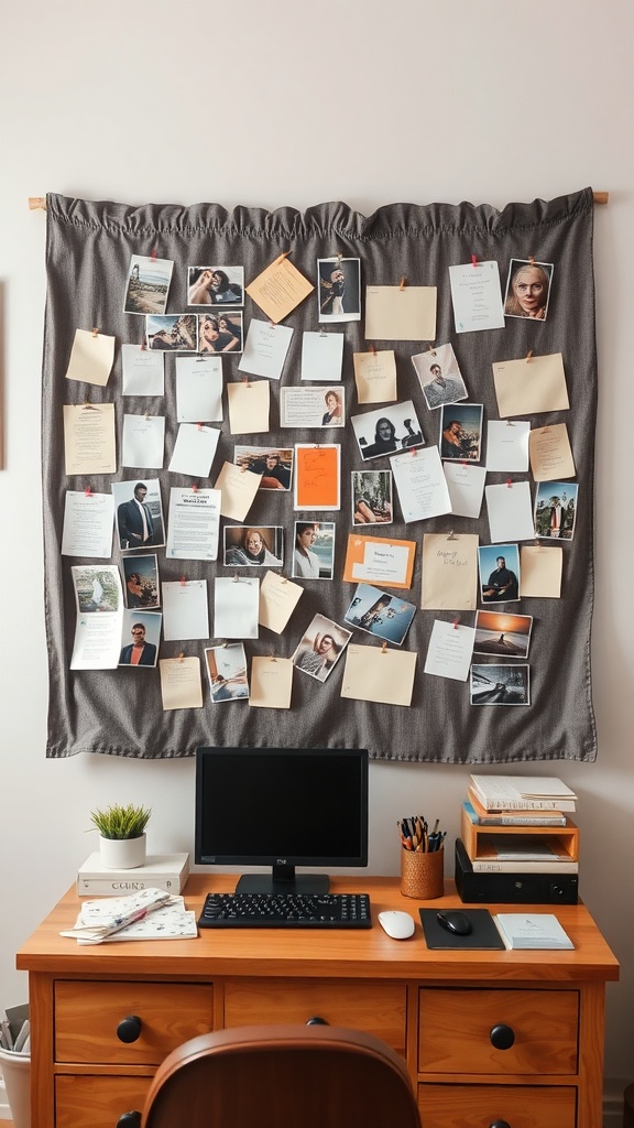 A fabric-covered bulletin board filled with photos and notes.