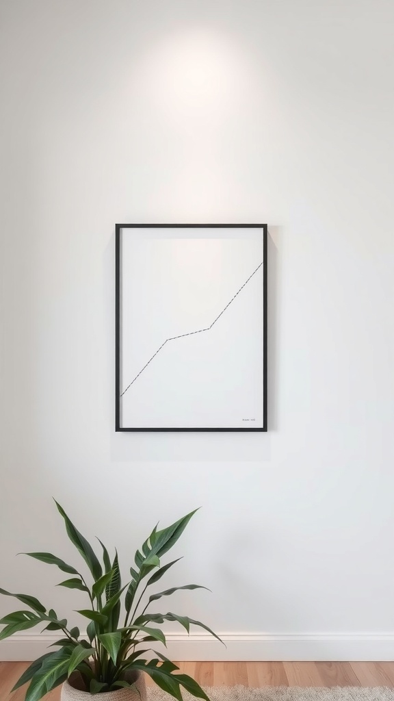A minimalist geometric line art piece framed on a wall, accompanied by a green plant.