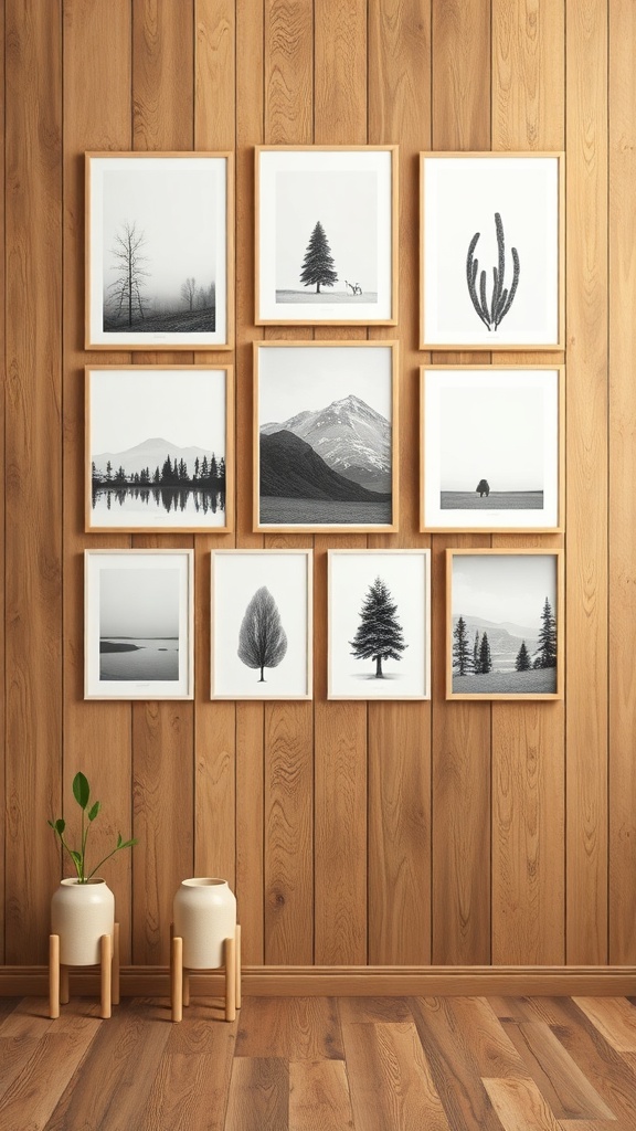 A collection of nature-inspired black and white prints framed and hung on a wooden wall.