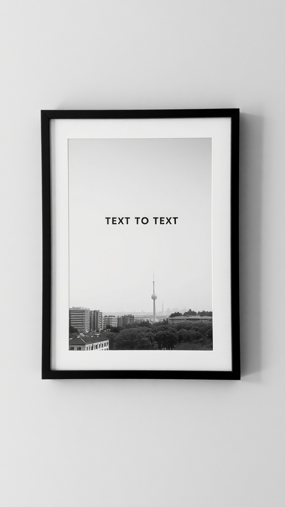 A framed monochrome photograph featuring a city skyline with a tower.