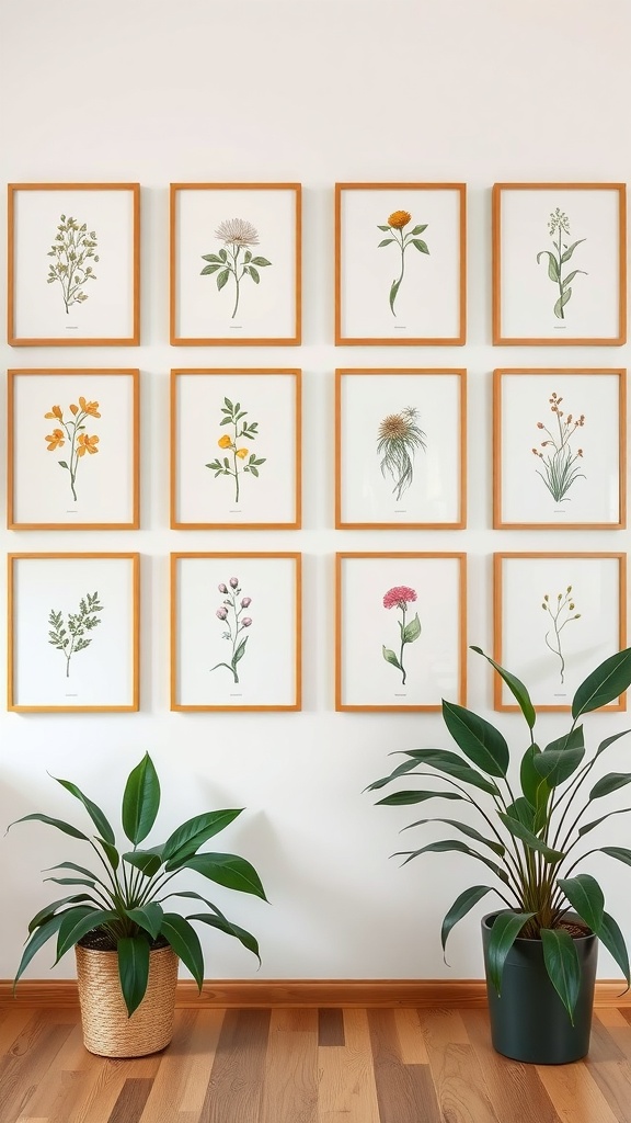 A collection of simple botanical illustrations framed and displayed on a wall.