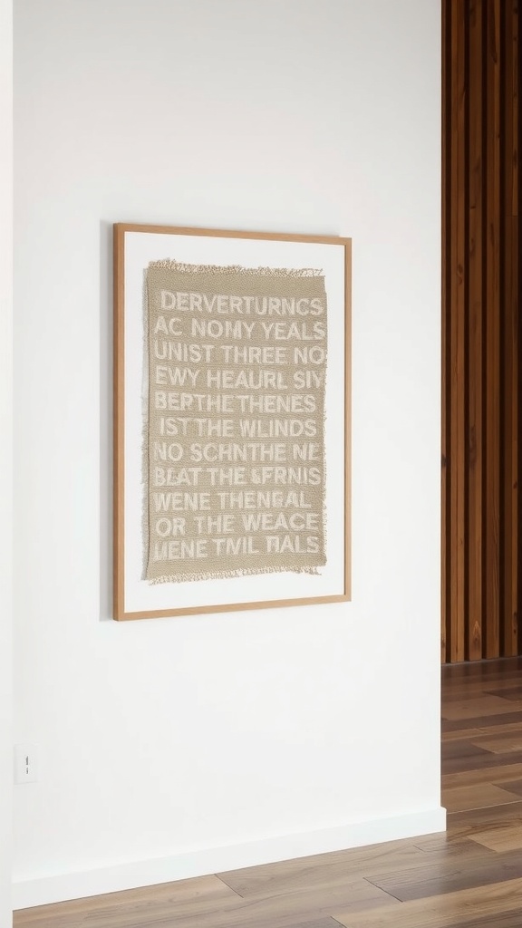 Framed fabric art with textured design on a wall.