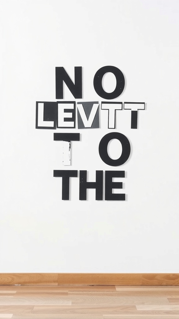 A minimalist collage art piece featuring bold letters on a white wall.