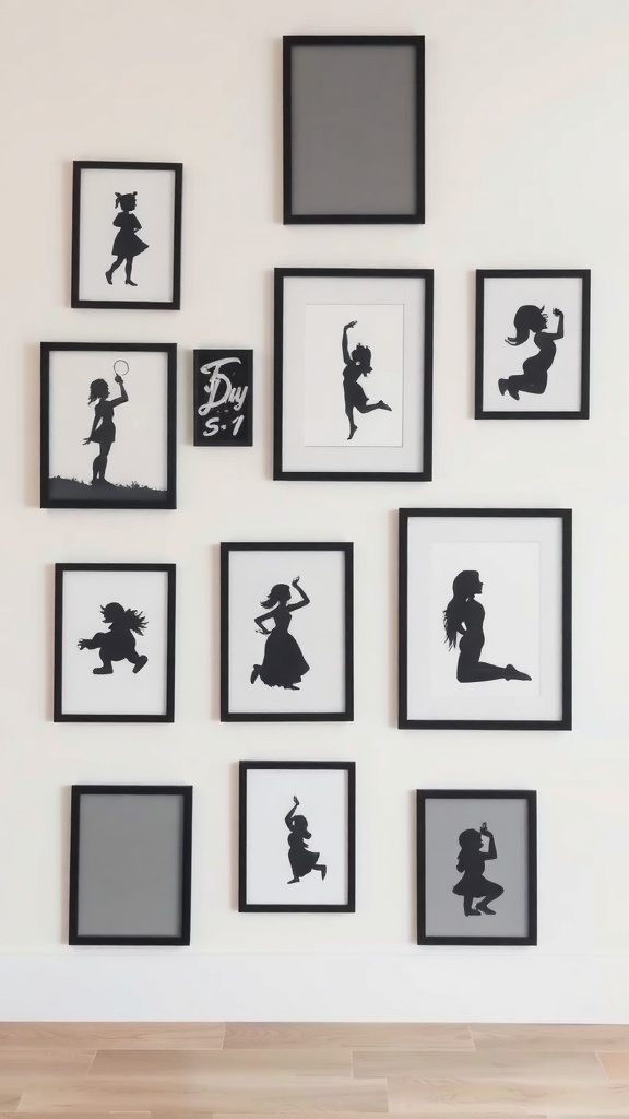 A collection of black silhouette art framed on a wall, showcasing various playful poses.
