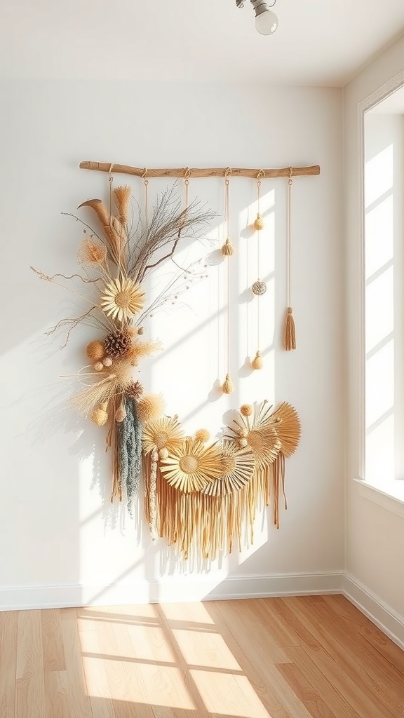 A sculptural wall hanging made of dried flowers and grasses, featuring a wooden branch and tassels.