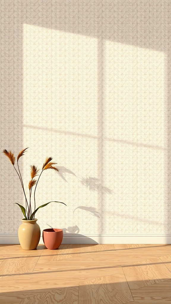 A room with subtle patterned wallpaper, featuring a plant in a vase and a small pot on the floor.