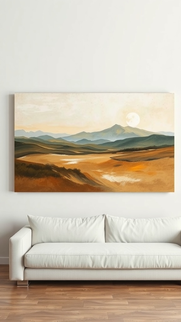 Abstract landscape painting featuring mountains and a sunset