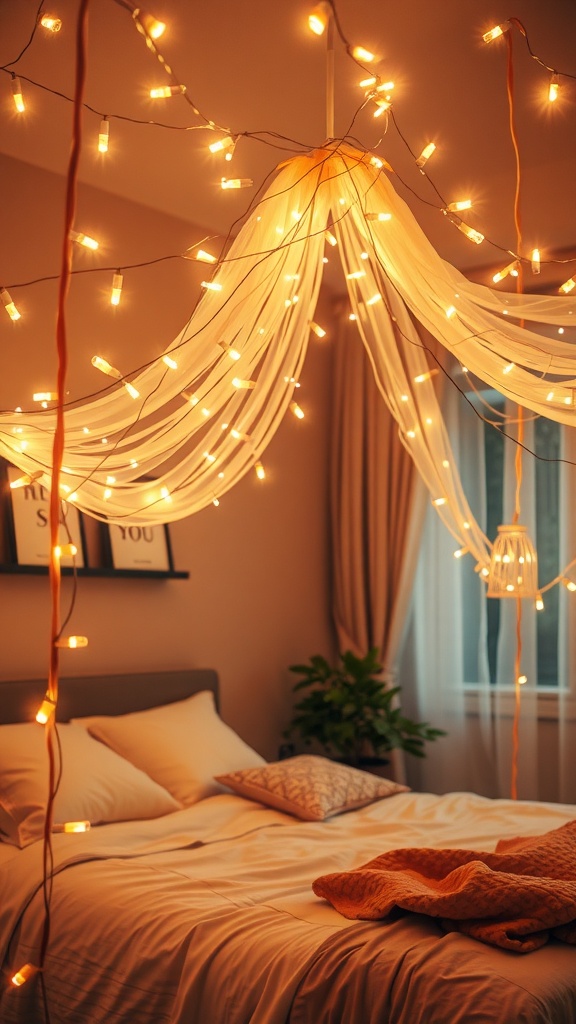 A cozy bedroom with a string light canopy draped across the ceiling, creating a warm and inviting atmosphere.