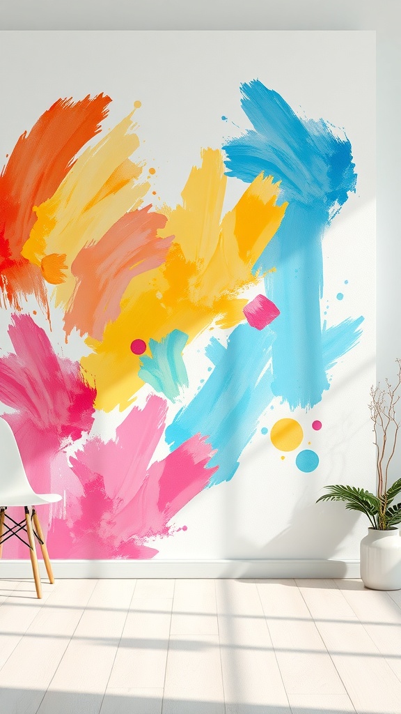 A wall with colorful brush strokes in shades of pink, orange, yellow, and blue.