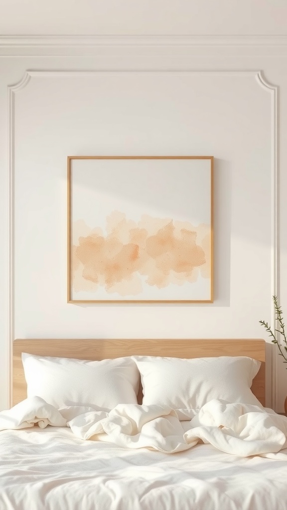 A soft watercolor wash artwork in warm tones above a bed with white bedding.