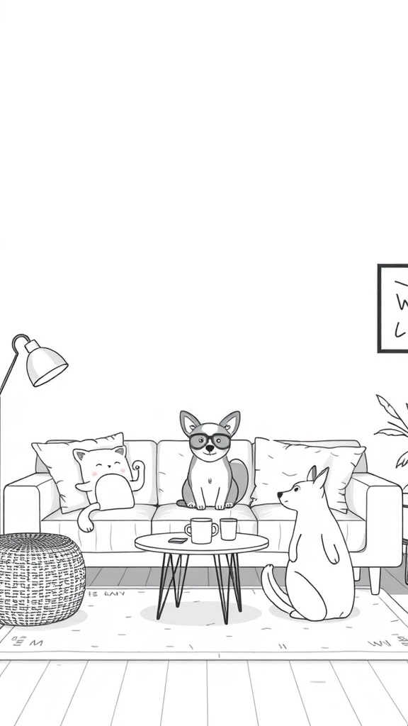 Minimalist line art of animals in a cozy living room setting.