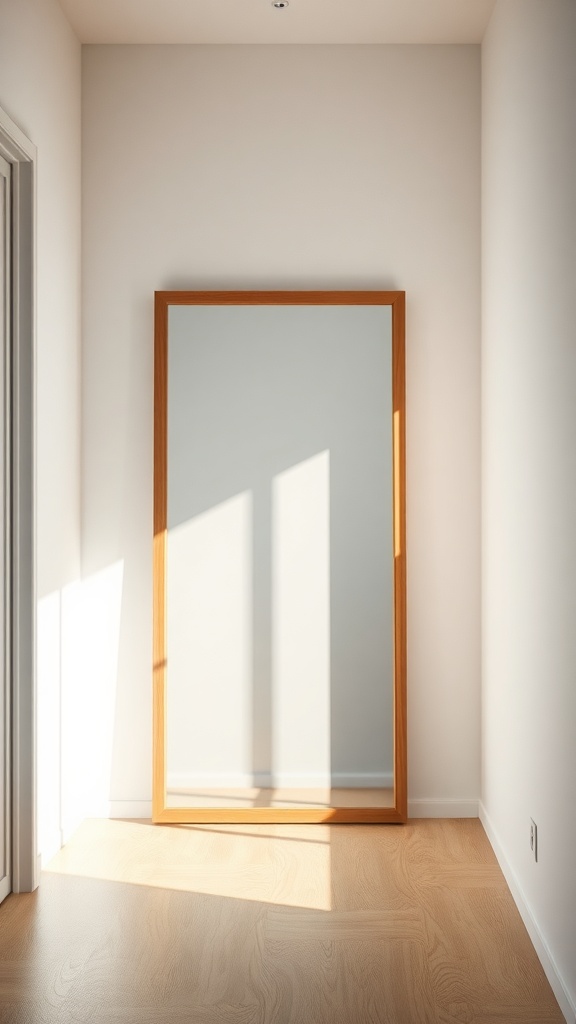 A simple framed mirror in a well-lit room.