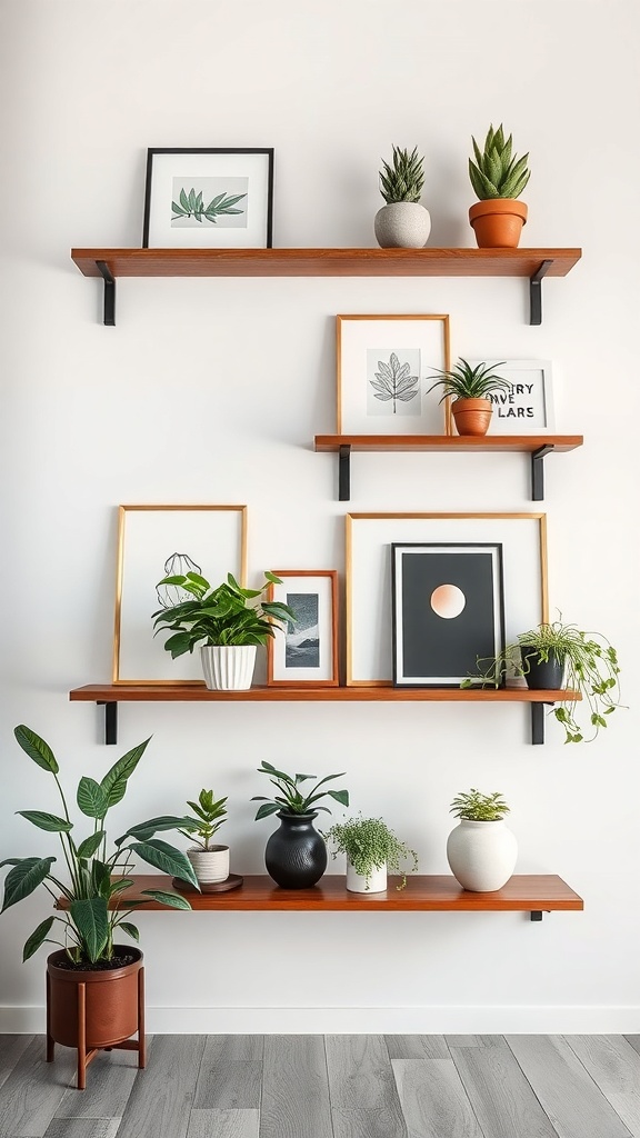 Stylish wall shelves displaying plants and framed art on a light wall.