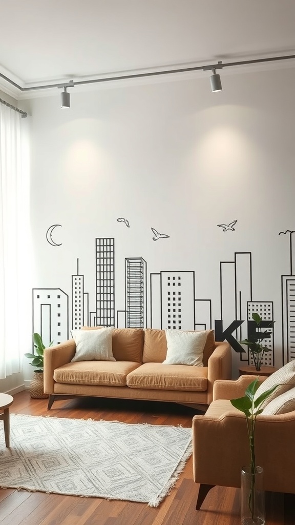 A contemporary minimalist mural featuring a city skyline in simple line art on a white wall.