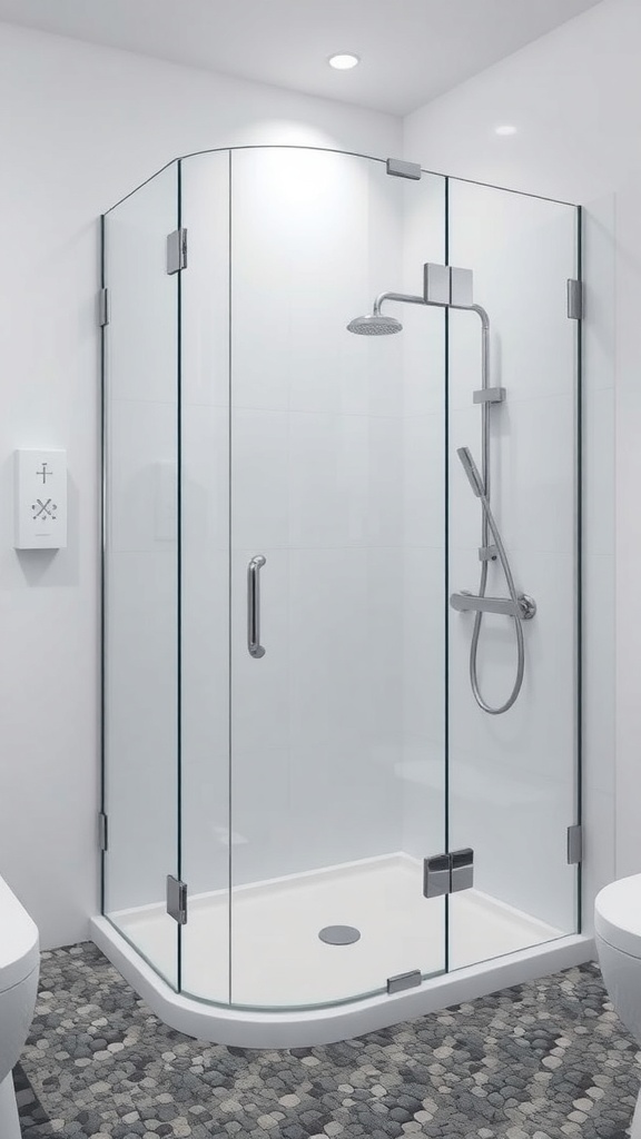 A minimalist bathroom featuring a clear glass shower enclosure.