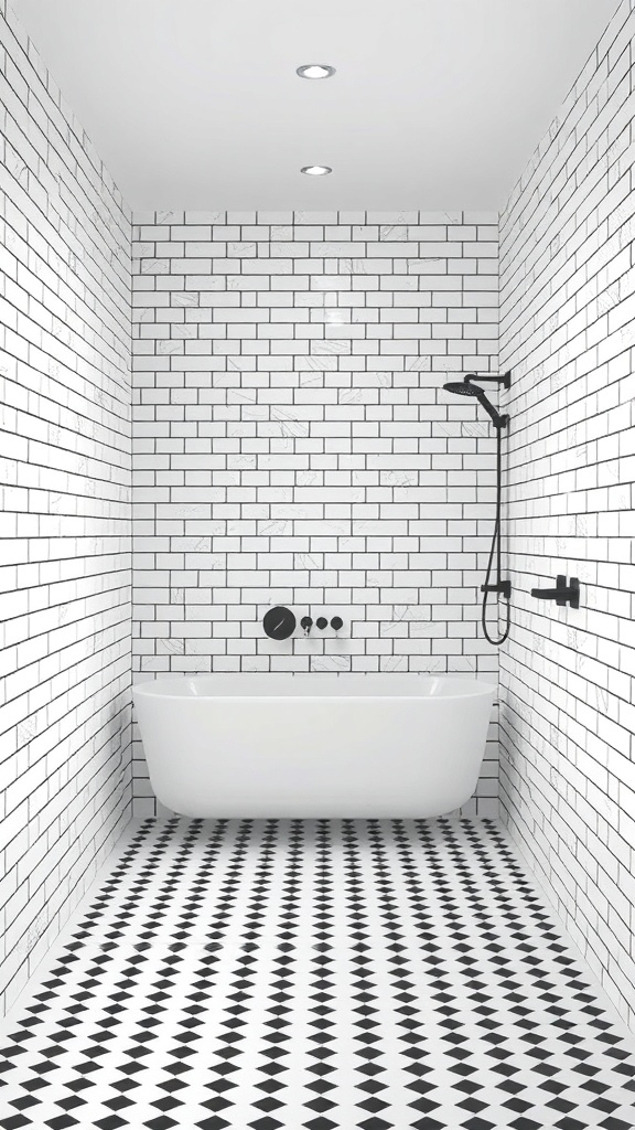 A minimalist bathroom featuring black and white monochrome tile patterns.
