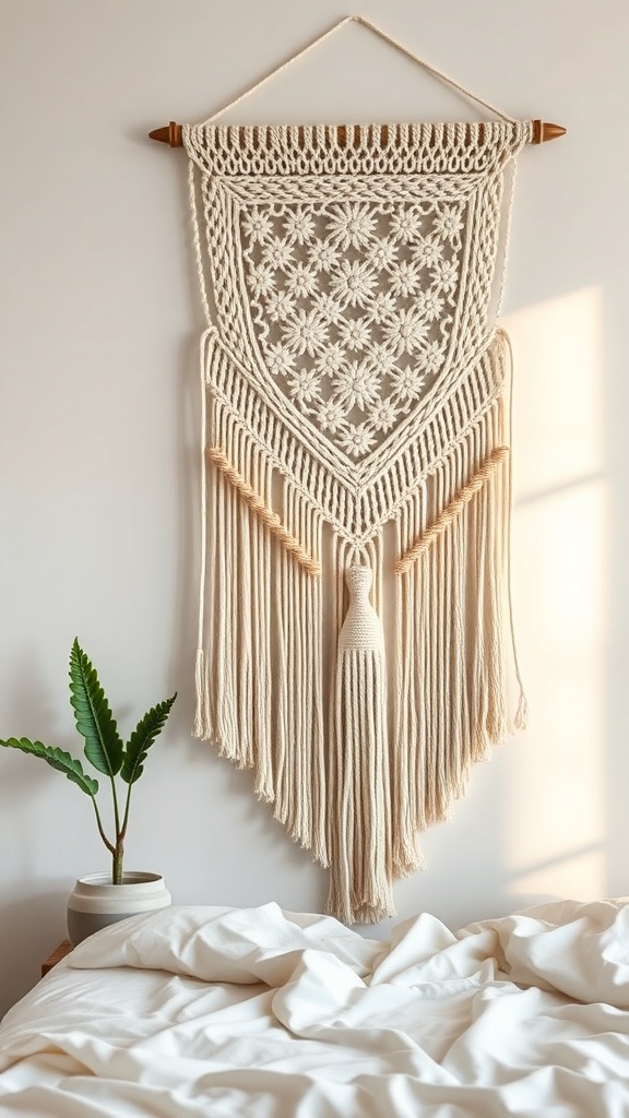 A beautiful macrame wall hanging with intricate designs, displayed above a bed with white bedding and a green plant in a pot.