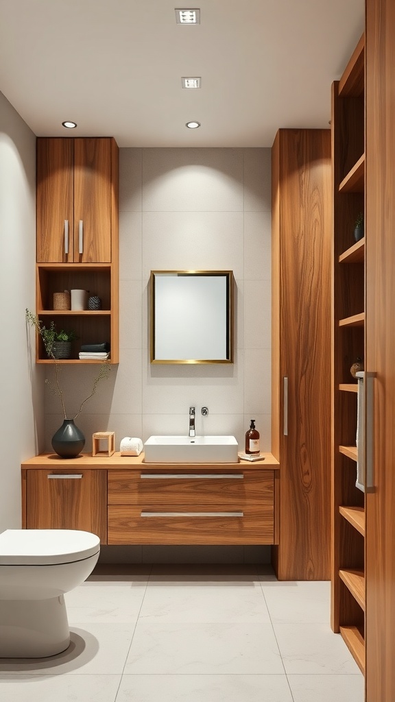 A minimalist bathroom featuring natural wood accents in cabinetry and shelving.