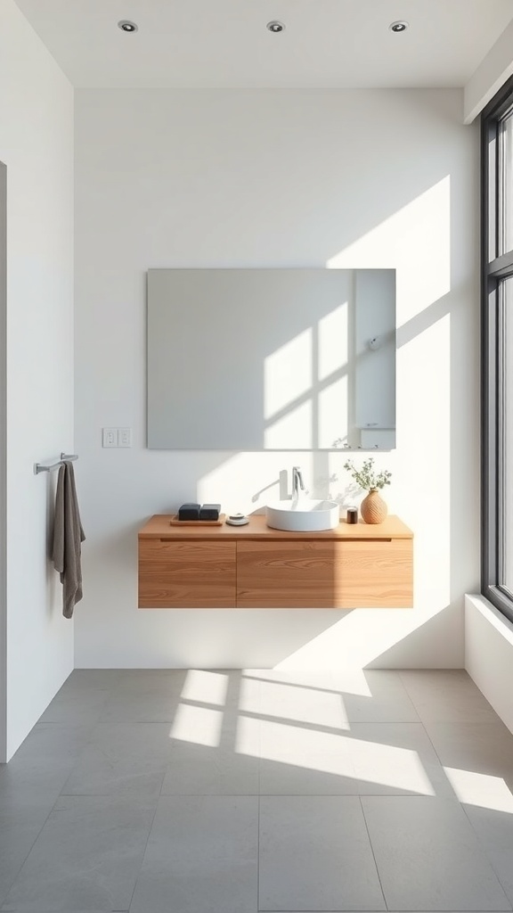 A minimalist bathroom featuring a floating wooden vanity with a round sink and a large mirror.