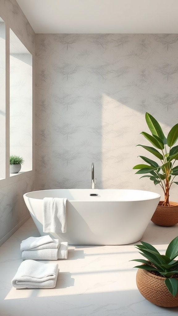 A minimalist bathroom featuring a sleek bathtub, soft towels, and potted plants.