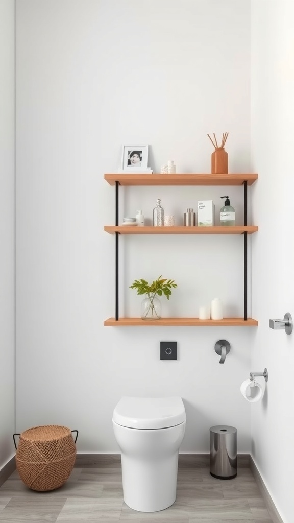 Minimalist bathroom with open shelving displaying toiletries and decor.