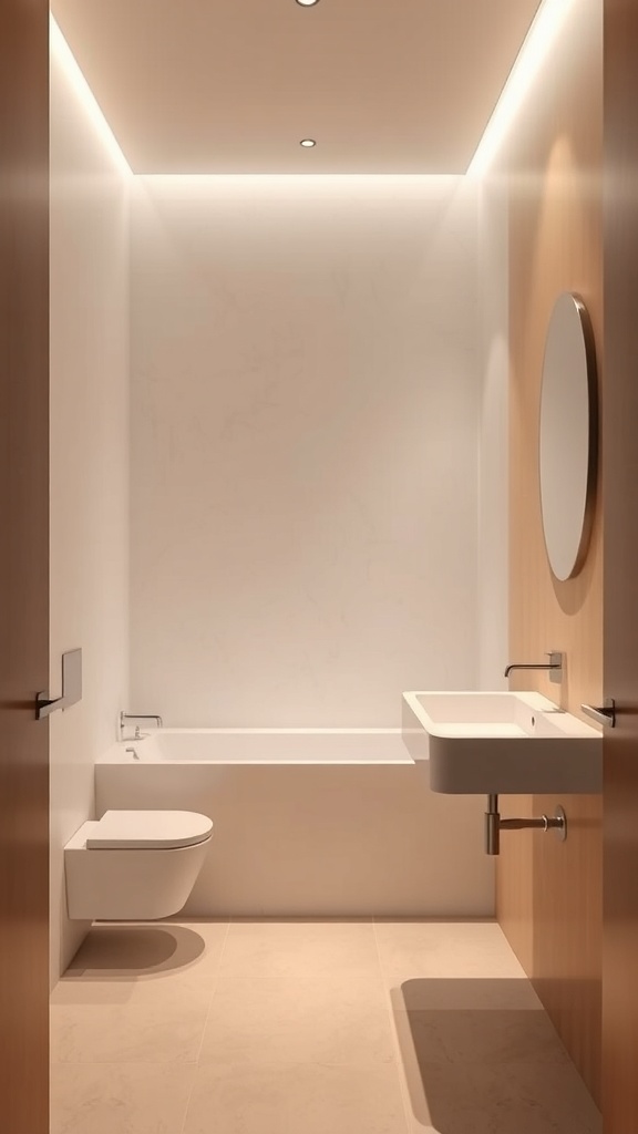 A minimalist bathroom featuring integrated lighting with recessed lights and a sleek design.