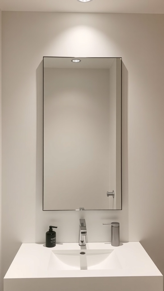A minimalist bathroom featuring a sleek mirror above a clean sink with modern fixtures.