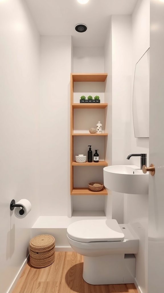 A minimalist compact bathroom featuring a wall-mounted sink, floating wooden shelves, and a clean design.