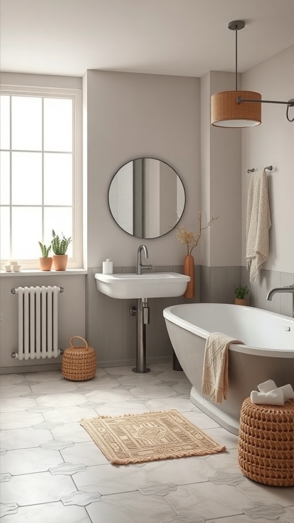 A minimalist bathroom featuring neutral colors, a round mirror, and natural decor elements.