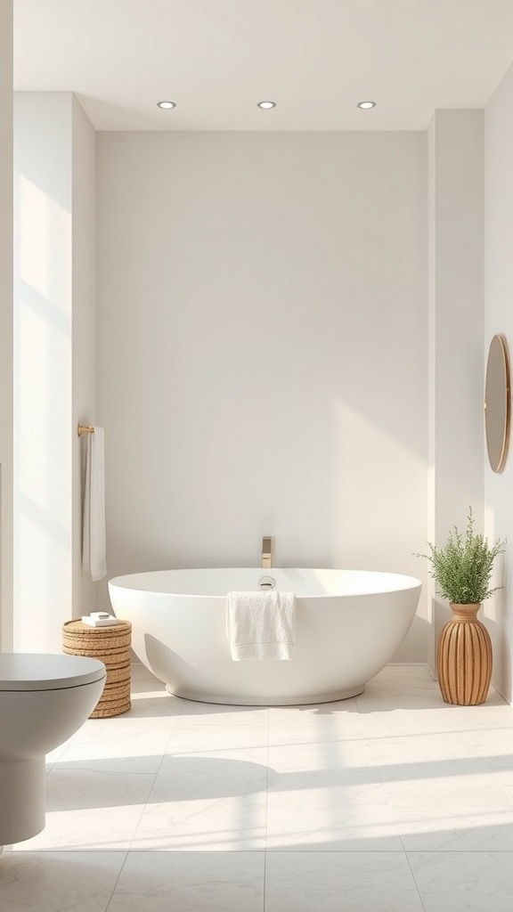 Minimalist bathroom with a freestanding tub, natural light, and plants.