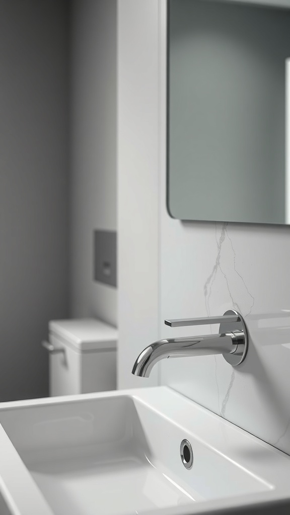 A minimalist bathroom featuring a sleek faucet and a clean sink design.
