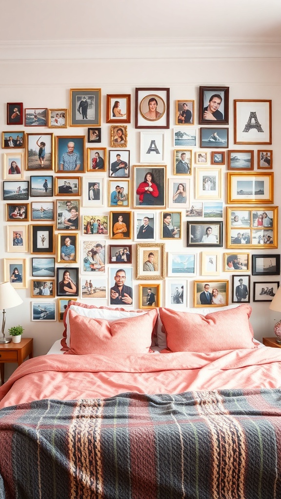 A colorful photo collage wall featuring various framed pictures above a cozy bed.