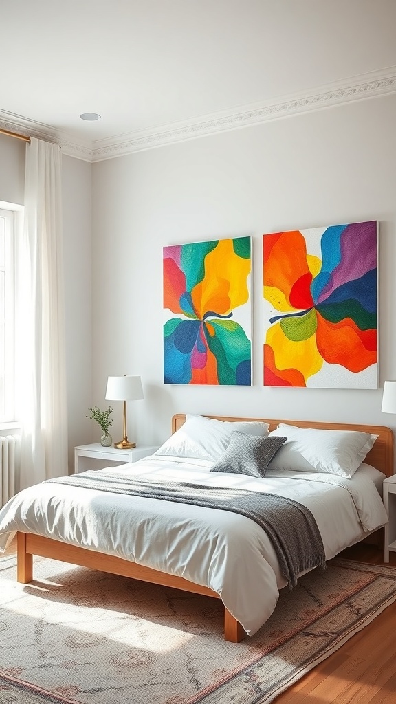 A modern bedroom featuring colorful canvas prints above the bed.