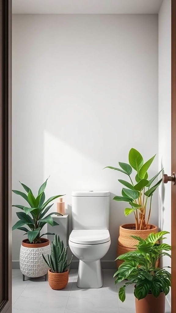 A minimalist bathroom featuring various potted plants next to a toilet.