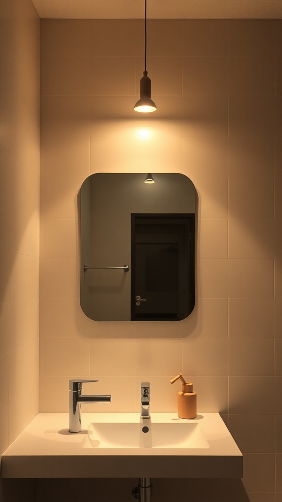A minimalist bathroom with a modern pendant light above the sink and a stylish mirror.