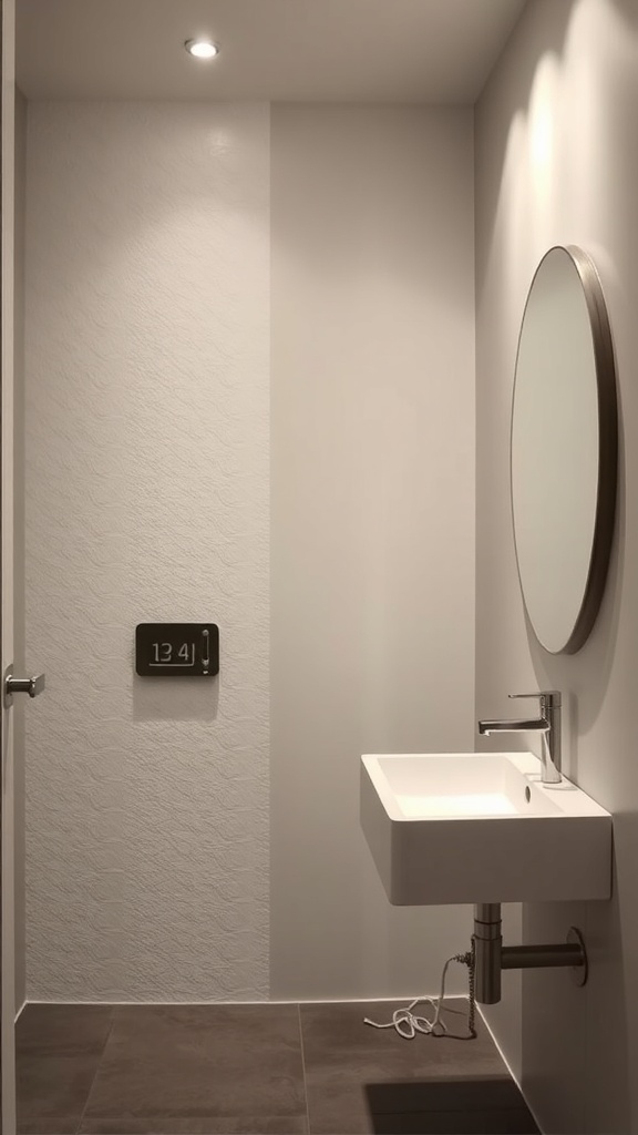 A minimalist bathroom featuring a textured wall, modern sink, and round mirror.