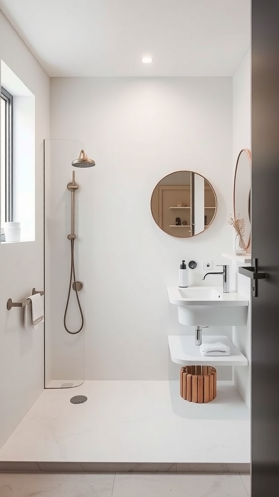 A minimalist bathroom featuring a shower, round mirror, and simple sink with wooden accents.