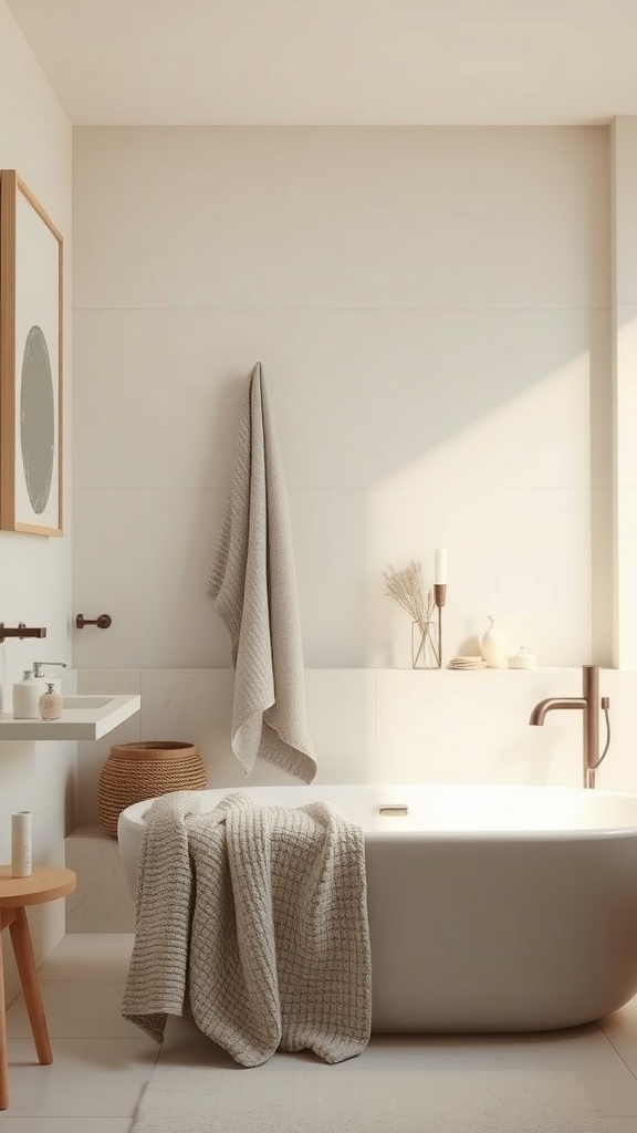 Minimalist bathroom featuring soft textiles like a towel and a cozy rug.