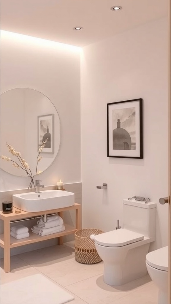 A minimalist bathroom featuring a round mirror, a wooden vanity with a sink, and subtle decorative elements.
