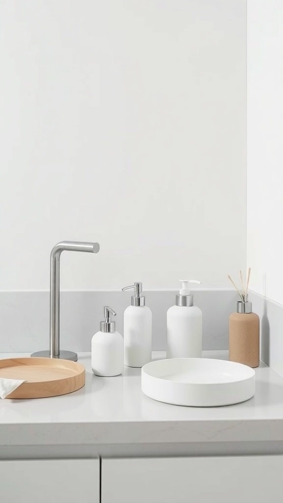 A minimalist bathroom countertop featuring simple soap dispensers, a wooden tray, and a white bowl.