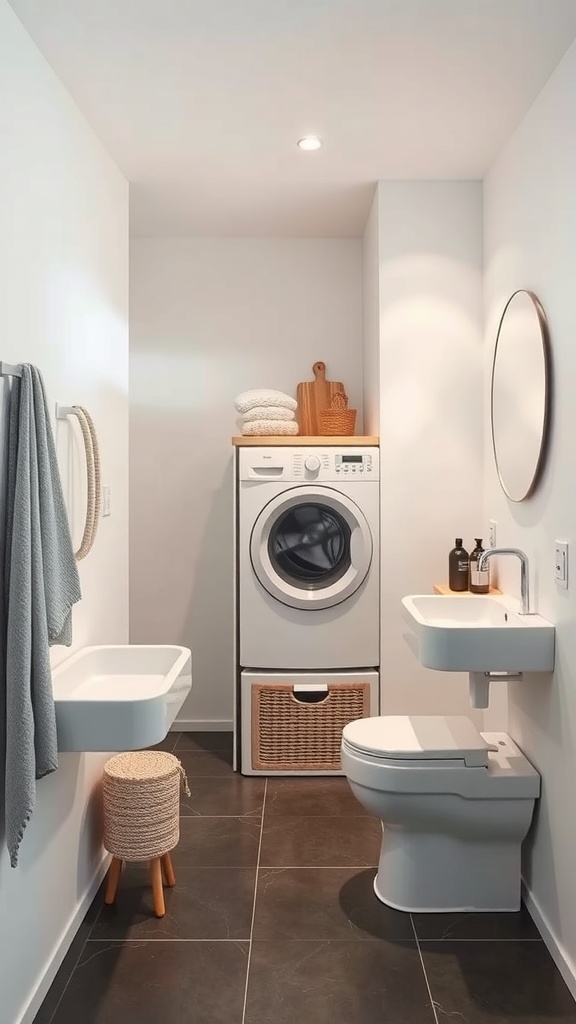 A minimalist bathroom featuring a stacked washer and dryer, a small sink, and simple decor.
