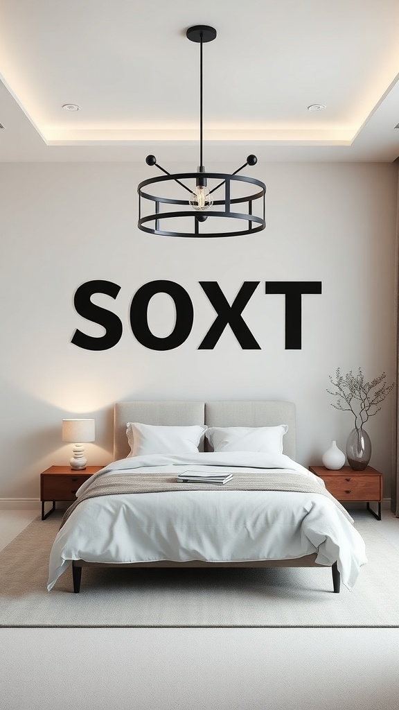 A modern minimalist bedroom featuring a stylish pendant light fixture.