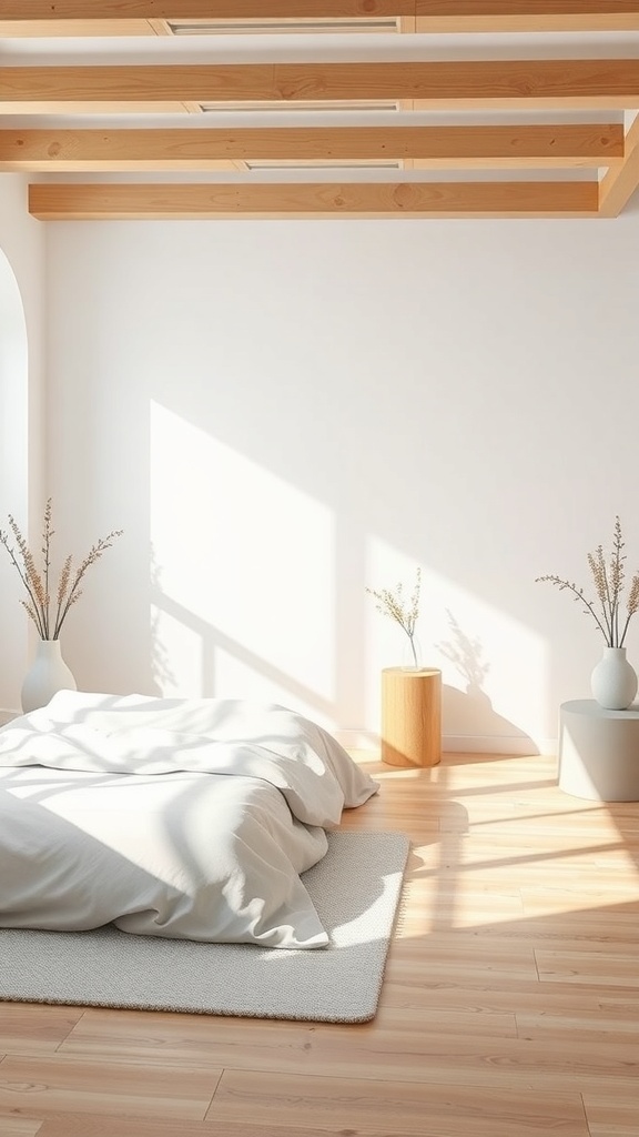 A minimalist bedroom with white walls, wooden beams, and soft bedding.